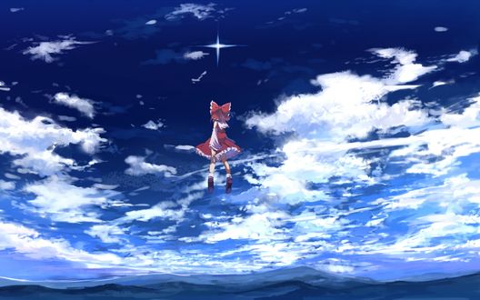 Обои на рабочий стол Рейму Хакурей / Reimu Hakurei из игры Тохо / Проект Восток / Touhou Project стоит в небе