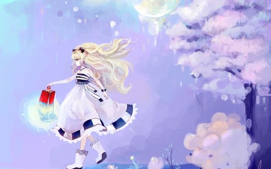 Обои на рабочий стол Vocaloid SeeU / Вокалоид СиЮ в платье идет, держа в руке фонарик