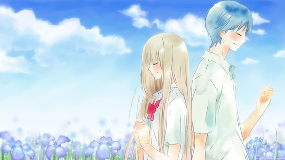 Обои на рабочий стол Савако Куронума / Sawako Kuronuma и Сета Кадзэхая / Shouta Kazehaya из аниме Kimi ni Todoke / Дотянуться до тебя стоят среди цветов на фоне неба