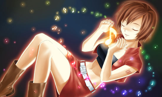 Обои на рабочий стол Vocaloid Meiko / Вокалоид Мэйко с закрытыми глазами держит в руках светящуюся ноту