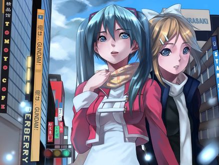 Обои на рабочий стол Vocaloid / Вколоиды Hatsune Miku / Хатсуне Мику и Kagamine Rin / Кагамине Рин стоят на улице между домами