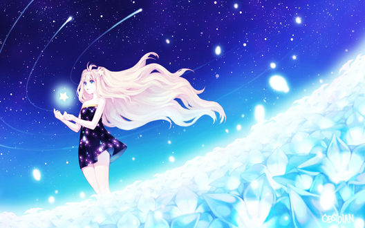 Обои на рабочий стол Vocaloid SeeU / Вокалоид СиЮ с развевающимися волосами, в платье со звездами, стоя среди светящихся голубых цветов на фоне ночного неба, ловит на руки сияющую звезду и смотрит вверх, на летящие кометы