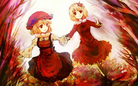 Обои на рабочий стол Ремилия и Фландре Скарлет / Remilia, Flandre Scarlet из игры Тохо / проект Восток / Touhou Project идут по осеннему лесу
