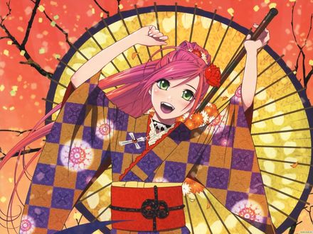 Обои на рабочий стол Akashiya Moka / Мока Акасия из аниме Розарио + Вампир / Rosario to Vampire, одетая в кимоно, с зонтом в руке