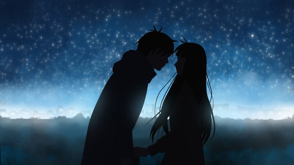Обои на рабочий стол Shouta Kazehaya / Сета Кадзэхая и Sawako Kuronuma / Савако Куронума из аниме Kimi ni Todoke / Дотянуться до тебя взялись за руки на фоне звездного неба