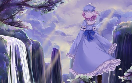 Обои на рабочий стол Ремилия Скарлет / Remilia Scarlet из игры Тохо / Проект Восток / Touhou Project стоит на фоне деревьев, водопадов и неба
