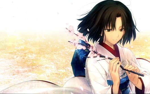 Обои на рабочий стол Shiki Ryougi в кимоно держит в руке ветку сакуры из аниме Сфд грешников / Kara no Kyokai, art by Takashi Takeuchi
