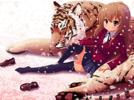 Обои на рабочий стол Айсака Тайга / Aisaka Taiga из аниме ТораДора / ToraDora, сидящая возле полосатого тигра под падающими лепестками