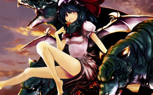 Обои на рабочий стол Ремилия Скарлет / Remilia Scarlet из игры Тохо / Проект Восток / Touhou Project держит во рту желтый кленовый лист на фоне черных тигров