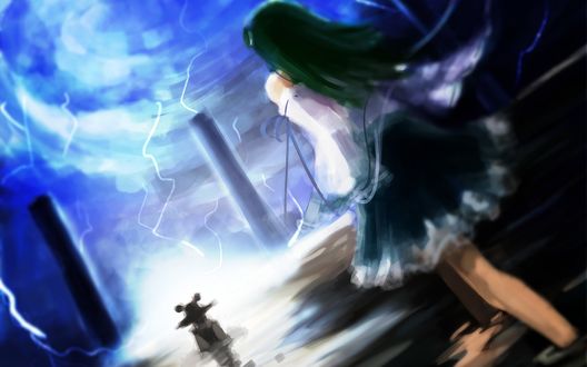 Обои на рабочий стол Санаэ Кочия / Sanae Kochia из игры Тохо / Проект Восток / Touhou Project идет по вде на фоне молний к алтарю