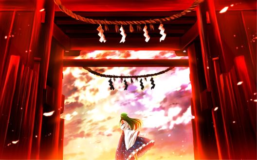 Обои на рабочий стол Санаэ Кочия / Sanae Kochia из игры Тохо / Проект Восток / Touhou Project на фоне красных ворот и неба