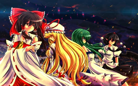 Обои на рабочий стол Рейму Хакурей / Reimu Hakurei, Юкари Якумо / Yukari Yakumo, Санаэ Кочия / Sanae Kochia и Ая Шамеймару / Aya Shameimaru из игры Тохо / Проект Восток / Touhou Project