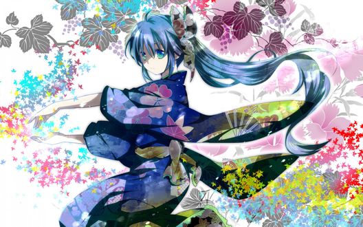 Обои на рабочий стол Vocaloid Hatsune Miku / Вокалоид Хатсуне Мику в кимоно стоит на фоне разных цветов