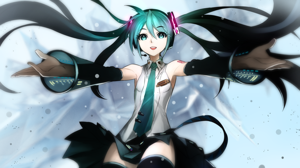 Обои на рабочий стол Vocaloid Miku Hatsune / Вокалоид Мику Хатсуне протянула руки, art by isangkutsarangmoe