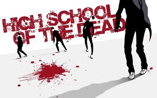 Обои на рабочий стол Четверо парней-зомби на белом фоне с кровавым потеком (HIGH SCHOOL OF THE DEAD / Школа мертвецов