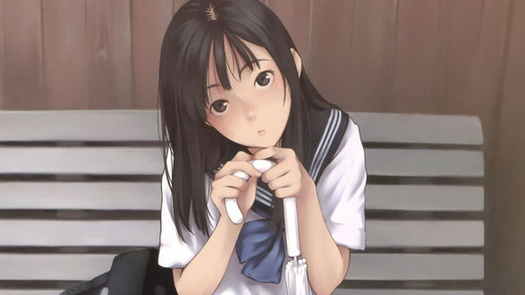 Обои на рабочий стол Девушка, одетая в школьную форму, сидит на скамейке с зонтом в руках