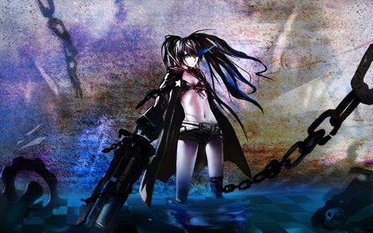 Обои на рабочий стол Mato Kuroi / Мато Курой стоит в воде, держа в руке оружие из аниме Black Rock Shooter / Стрелок с Черной скалы