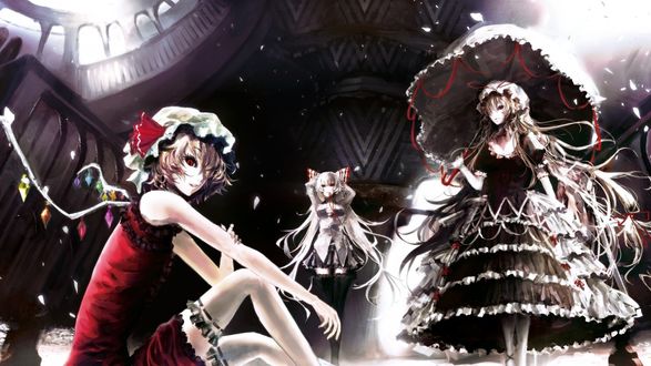 Обои на рабочий стол Фландре Скарлет / Flandre Scarlet, Рейму Хакурей / Reimu Hakurei и Юкари Якумо / Yukari Yakumi из игры Тохо / Проект Восток / Touhou Project в большом зале