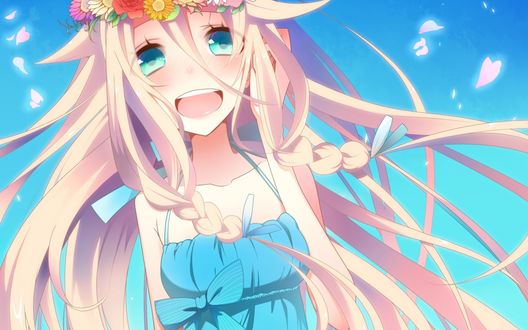 Обои на рабочий стол Vocaloid IA / Вокалоид Йа с венком на голове в голубом платье удивлено смотрит вперед на фоне неба