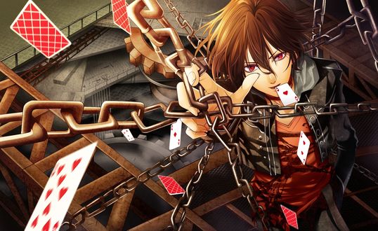 Обои на рабочий стол Шин / Shin из аниме Амнезия / Amnesia стоит держась рукой за цепи среди карточных карт