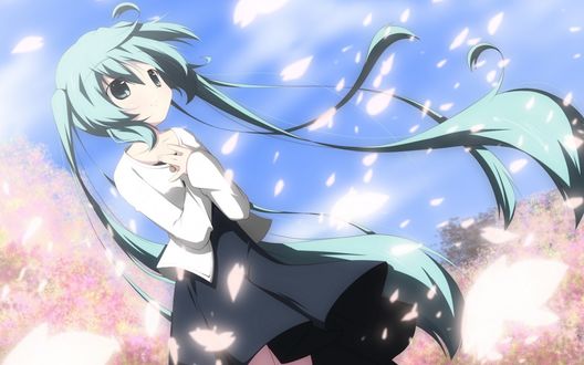 Обои на рабочий стол Vocaloid Hatsune Miku / Вокалоид Хатсуне Мику в школьной форме стоит на фоне деревьев сакуры и неба