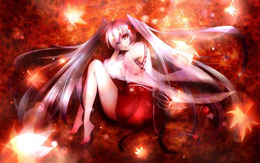 Обои на рабочий стол Vocaloid Hatsune Miku / Вокалоид Хатсуне Мику лежит среди осенних листьев