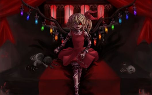 Обои на рабочий стол Фландре Скарлет / Flandre Scarlet из игры Тохо / Проект Восток / Touhou Project с забинтованным глазом, шеей и рукой сидит на красном полотне