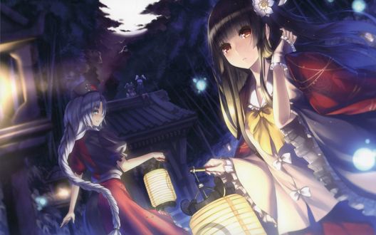 Обои на рабочий стол Кагуя Хорайсан / Kaguya Houraisan и Инаба Теви / Inaba Tewi из игры Тохо / Touhou Project