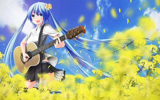 Обои на рабочий стол Vocaloid Hatsune Miku / Вокалоид Хатсуне Мику стоит в поле желтых цветов играя на гитаре на фоне неба