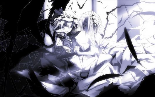 Обои на рабочий стол Ремилия и Фландре Скарлет / Remilia, Flandre Scarlet из игры Touhou Project / Тохо / Проект Восток держатся за руки