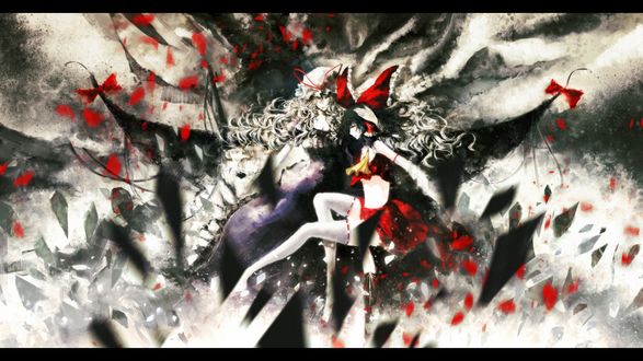 Обои на рабочий стол Юкари Якумо / Yukari Yakumo и Рейму Хакурей / Reimu Hakurei на фоне красных лепестков из игры Тохо / Проект Восток / Touhou Project