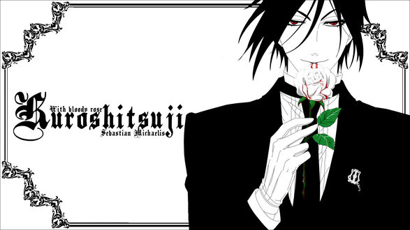 Обои на рабочий стол Sebastian Michaelis / Себастьян Михаэлис из аниме Темный дворецкий / Dark Butler / Kuro Shitsuji держит в руке окровавленную розу (With bloody rose Ruroshitsuji Sebastian Michaelis)