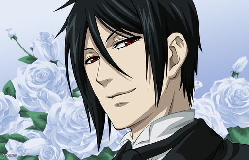 Обои на рабочий стол Sebastian Michaelis / Себастьян Михаэлис из аниме Темный дворецкий / Dark Butler / Kuro Shitsuji на фоне роз