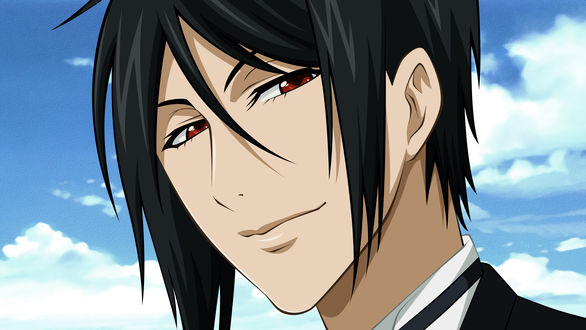 Обои на рабочий стол Sebastian Michaelis / Себастьян Михаэлис из аниме Темный дворецкий / Dark Butler / Kuro Shitsuji улыбается на фоне неба
