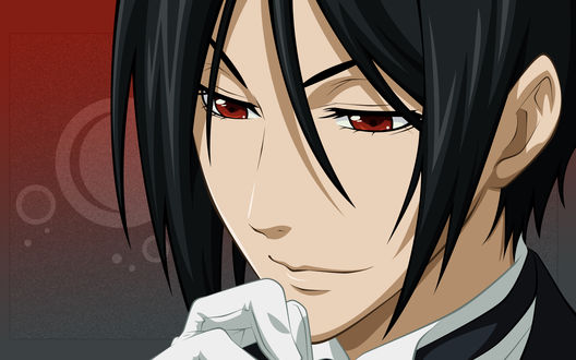 Обои на рабочий стол Sebastian Michaelis / Себастьян Михаэлис из аниме Темный дворецкий / Dark Butler / Kuro Shitsuji задумчиво смотрит вниз, приложив руку к лицу