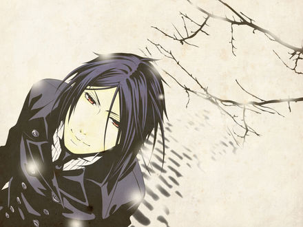 Обои на рабочий стол Sebastian Michaelis / Себастьян Михаэлис из аниме Темный дворецкий / Dark Butler / Kuro Shitsuj смотрит вверх, стоя под падающим снегом