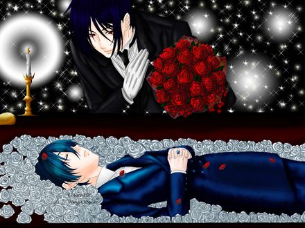 Обои на рабочий стол Ciel Phantomhive & Sebastian Michaelis / Сиэль Фантомхайв и Себастьян Михаэлис из аниме Темный дворецкий / Dark Butler / Kuro Shitsuji