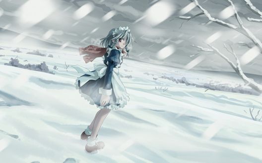 Обои на рабочий стол Сакуя Изаеи / Sakuya Izayoi из игры Тохо / Проект Восток / Touhou Project идет по снегу