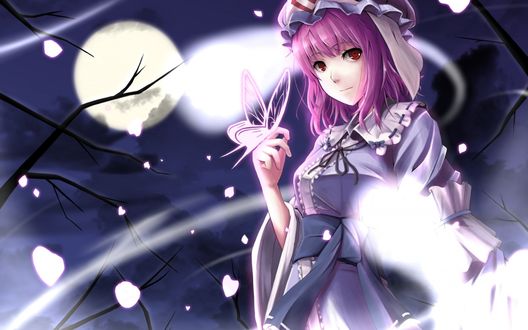 Обои на рабочий стол Ремилия Скарлет / Remilia Scarlet из игры Тохо / Touhou Project / Проект Восток ночью среди деревьев и падающих листьев держит бабочку