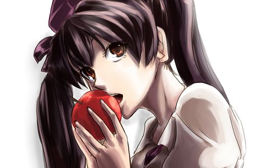 Обои на рабочий стол Ая Шамеймару / Aya Shameimaru из игры Тохо / Проект Восток / Touhou Project ест яблоко