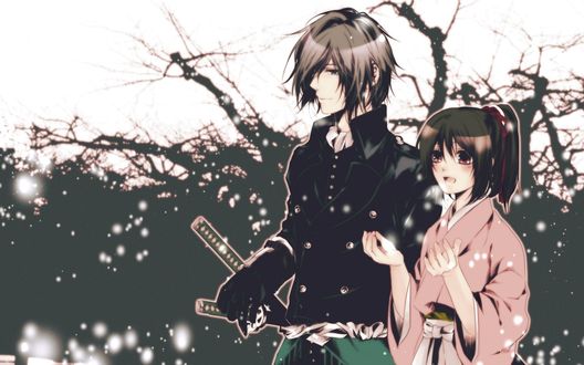 Обои на рабочий стол Хадзимэ Сайто / Hajime Saito и Чизуру Юкимура / Yukimura Chizuru из аниме Сказание о демонах сакуры / Hakuouki Shinsengumi Kitan