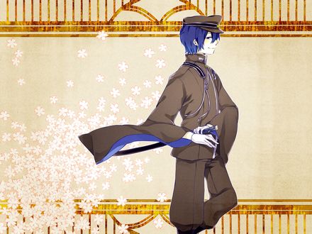 Обои на рабочий стол Vocaloid Shion Kaito / Вокалоид Шион Кайто в военной форме с катаной в руке