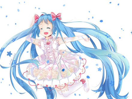 Обои на рабочий стол Маленькая Vocaloid Hatsune Miku / Вокалоид Хатсуне Мику смеется, расставив руки в стороны