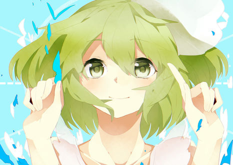 Обои на рабочий стол Вокалоид Гуми Мегпоид / Vocaloid Gumi Megpoid держит что-то в руке