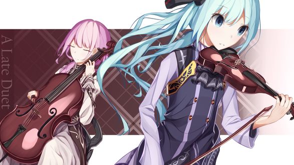 Обои на рабочий стол Vocaloid Hatsune Miku / Вокалоиды Хатсуне Мику, играющая на скрипке, и Megurine Luka / Мегурине Лука, играющая на виолончели (A Late Duet)