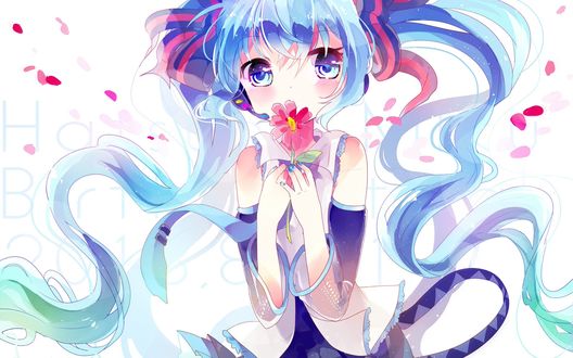 Обои на рабочий стол Vocaloid Hatsune Miku / Вокалоид Хатсуне Мику держит в руках цветок приложив его к губам