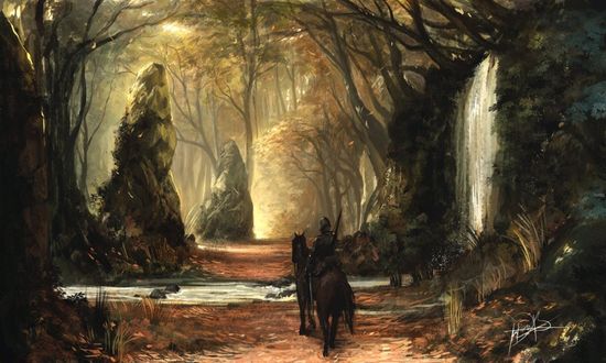 Обои на рабочий стол Воин на лошади в таинственном лесу, работа golden path / золотой путь, автор Ninjatic