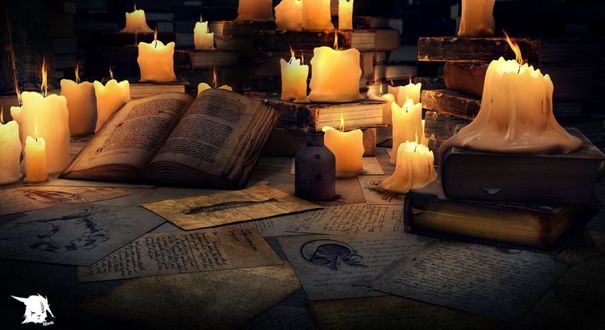 Обои на рабочий стол Стол уставлен горящими свечами и старинными книгами, страницами с написанным текстом, автор Kewai
