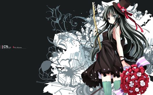 Обои на рабочий стол Akiyama Mio / Мио Акияма из аниме Легкая музыка / Клуб легкой музыки / Кей-Он! / K-On! с букетом цветов в одной руке и гитарой в другой