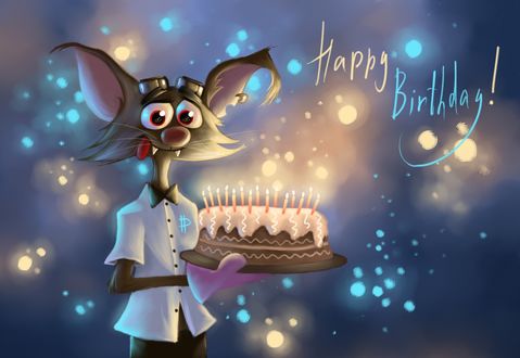 Обои на рабочий стол Смешной ушастый крысенок держит торт со свечами, Happy birthday / счастливого дня рождения, автор Rom-Art